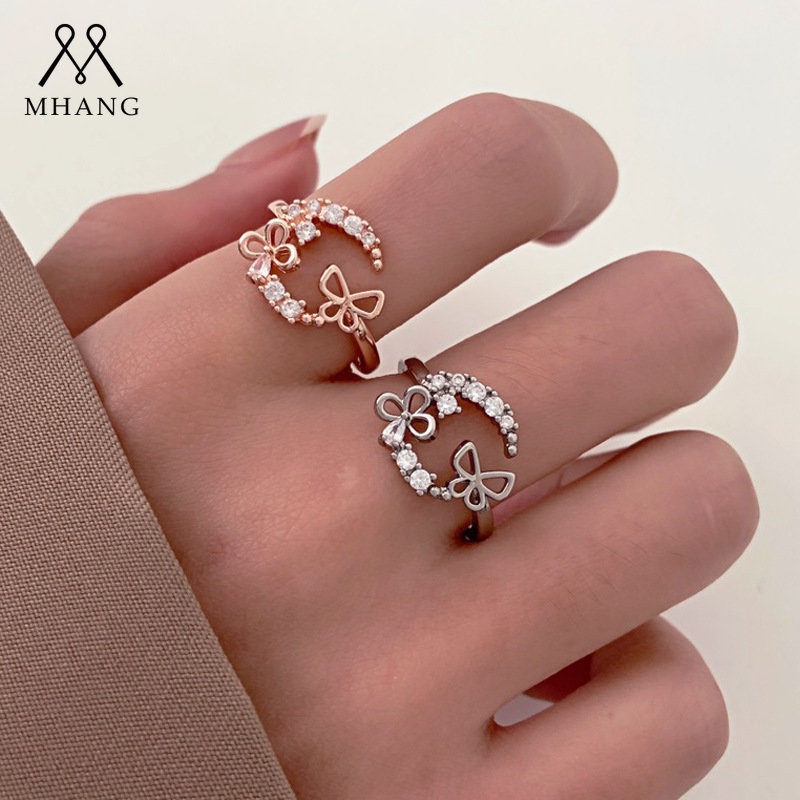 Cincin Kupu-Kupu Bulan Berlian Korea Ins Fashion Rose Gold Berongga Butterfly Adjustable Ring