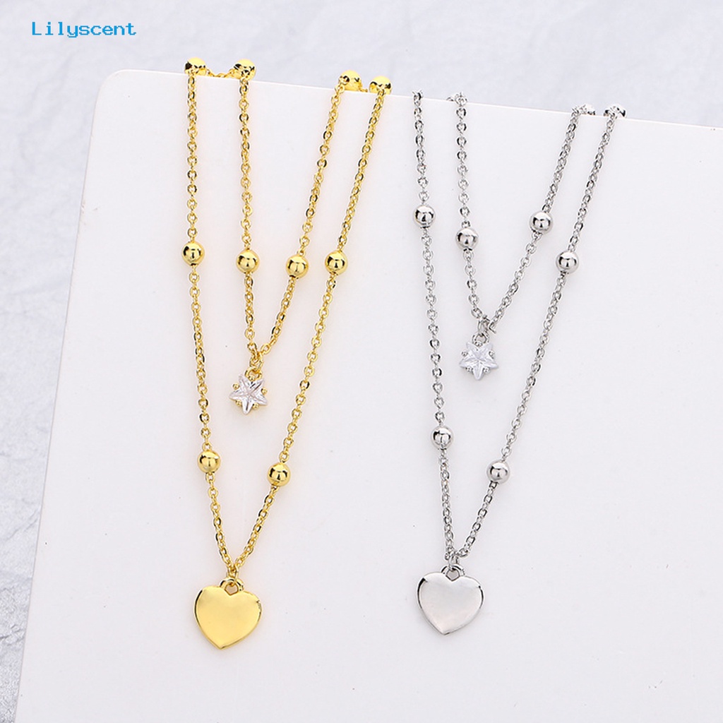 [LS] Kalung Wanita Gaya Korea Dan Jepang Fashion Aksesoris Hadiah Anniversary Manis Double-Layered Star Love Heart Rhinestone Necklace Untuk Pacaran