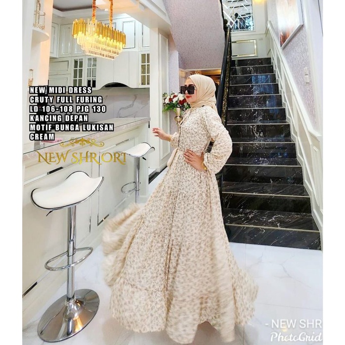 MIDI DRESS BUNGA LUKIS CERUTY BANGKOK ORI 100% SHR
