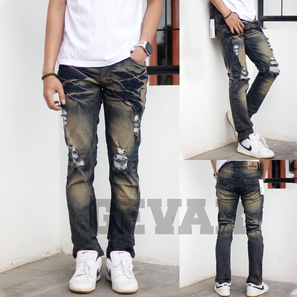 GEVAR Celana Jeans Ringkle Retro Sobek Premium