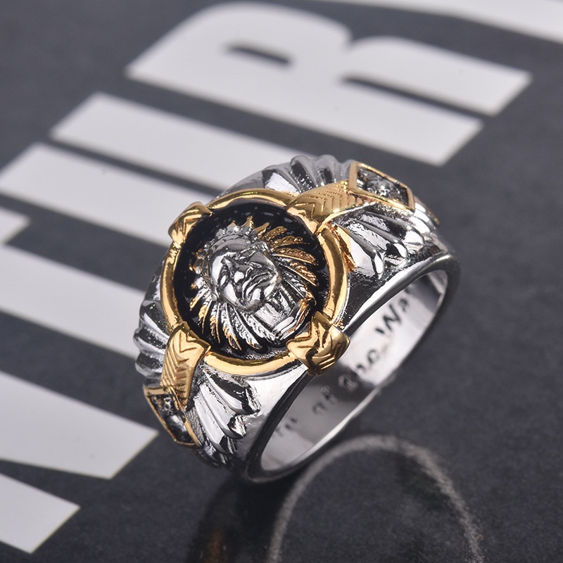 Goldkingdom Aksesoris Perhiasan Fashion Ready Stock Gaya Hip-hop Viking Warrior Dua Warna Cincin Semangat India Totem Drop Lem Cincin Hitam