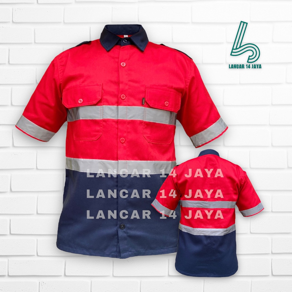 Kemeja Safety Wearpack Atasan Lengan Pendek Kombinasi Kemeja Safety K3 / Baju Proyek Tambang / Wearpack Kerja / Seragam Lapangan Kombinasi Biru Navy Pakai Skotlight
