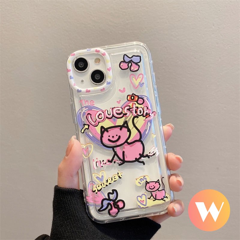 IPHONE Ins Graffiti Phone Case Kompatibel Untuk Iphone11 13 12 14 Pro Max XR X7 8 6s 6 Plus XS Max SE 2020 Lucu Kartun Cinta Hati Kucing Lembut Silicon TPU Airbag Shockproof Clear Cover