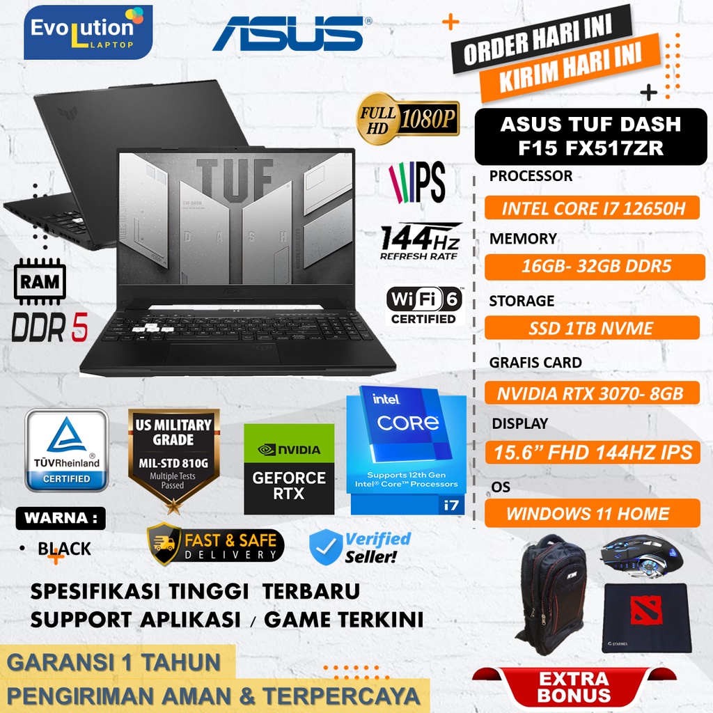 ASUS TUF DASH F15 FX517ZR INTEL gen12 Core i7 12650H 16GB 512GB RTX3070-8GB 15.6&quot; FHD IPS 144HZ RGB WIN11HOME BLACK