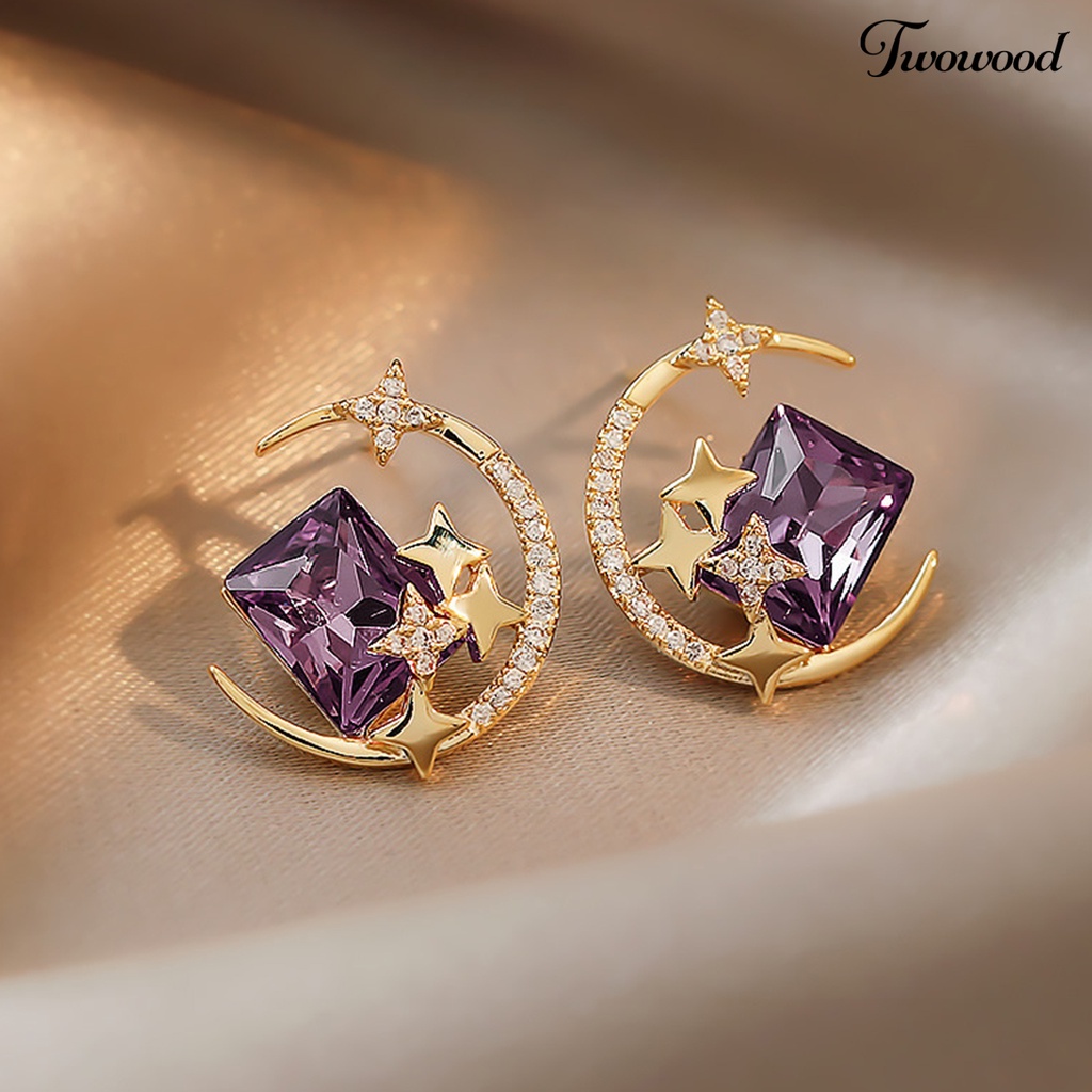 Twowood 1pasang Ear Studs Sparkling Gaya Korea Anti-Oksidasi Friendly Terhadap Kulit Tidak Iritasi Hias Alloy Wanita Bintang Bulan Stud Earrings Perhiasan Decor Untuk Lady