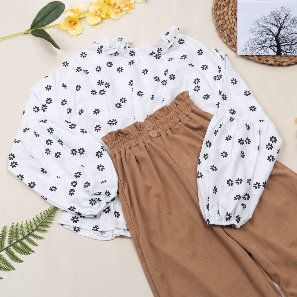IL - SETELAN BYTHA MOTIF BUNGA TERBARU / ONE SET KULOT BUTTON 2 KANCING BAHAN CREPE PREMIUM-BYTHA PUTIH+CREAM