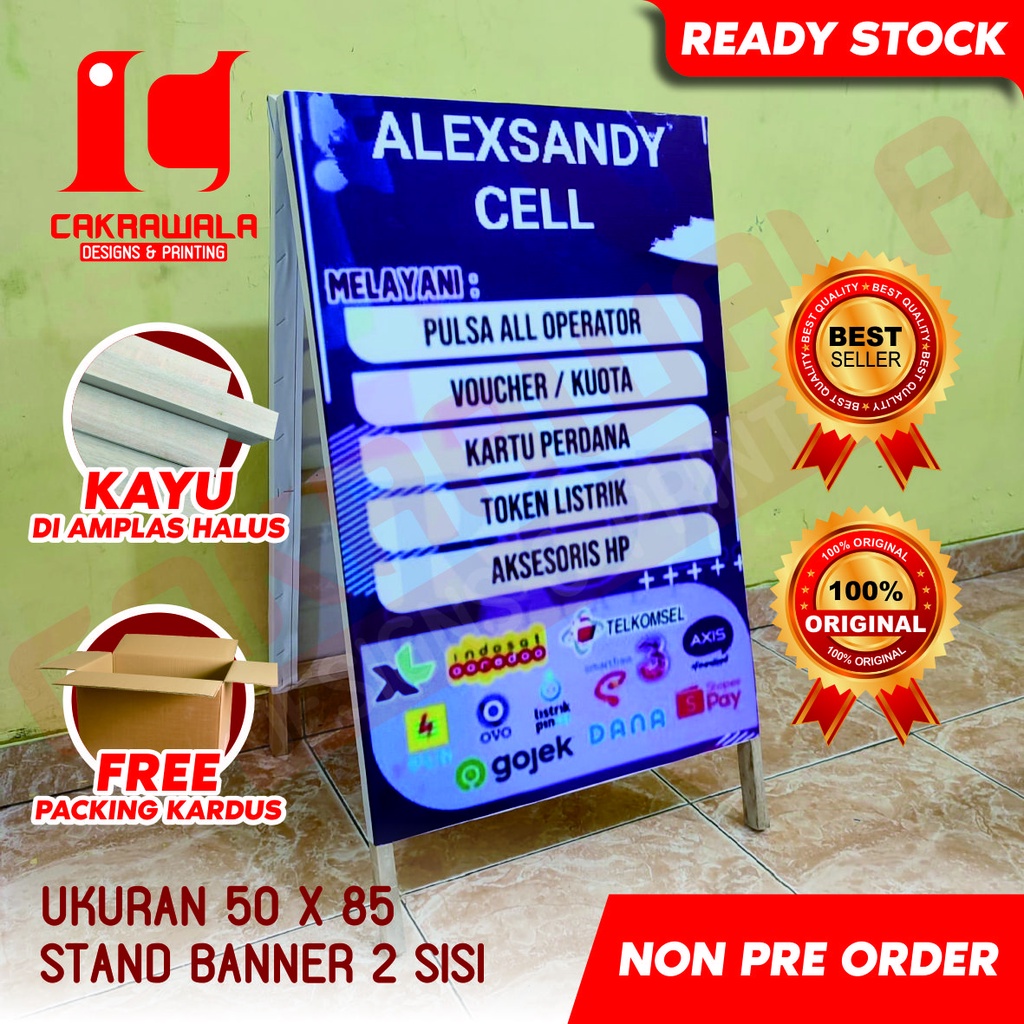STAND BANNER KAYU UKURAN 50 X 85 - STANDING BANNER KAYU PROMO CELL - STANDING BANNER KAYU - SEGITIGA