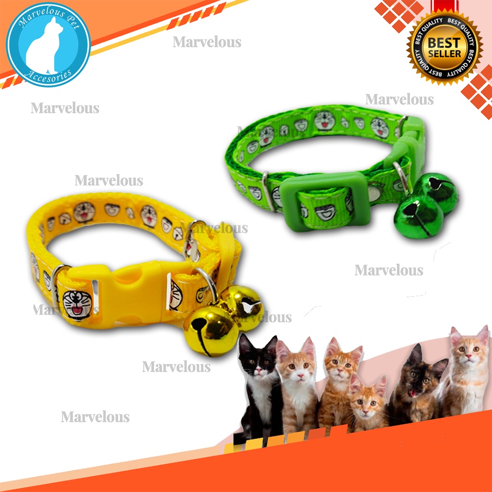 Kalung kucing motif doraemon kualitas premium 2 lonceng warna 12 mm / pet collar motif doraemon
