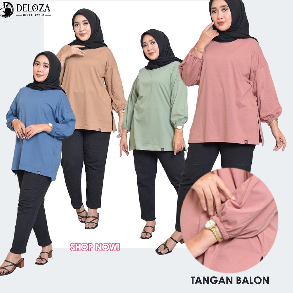STOK TERBATAS Top Deloza Oversized Tangan Balon Blouse Kaos Polos Wanita Jumbo