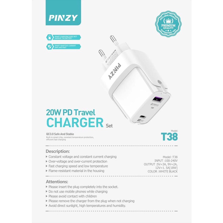 Charger PINZY T38 PD20W+QC3.0 18W Fast Charging include kabel USB