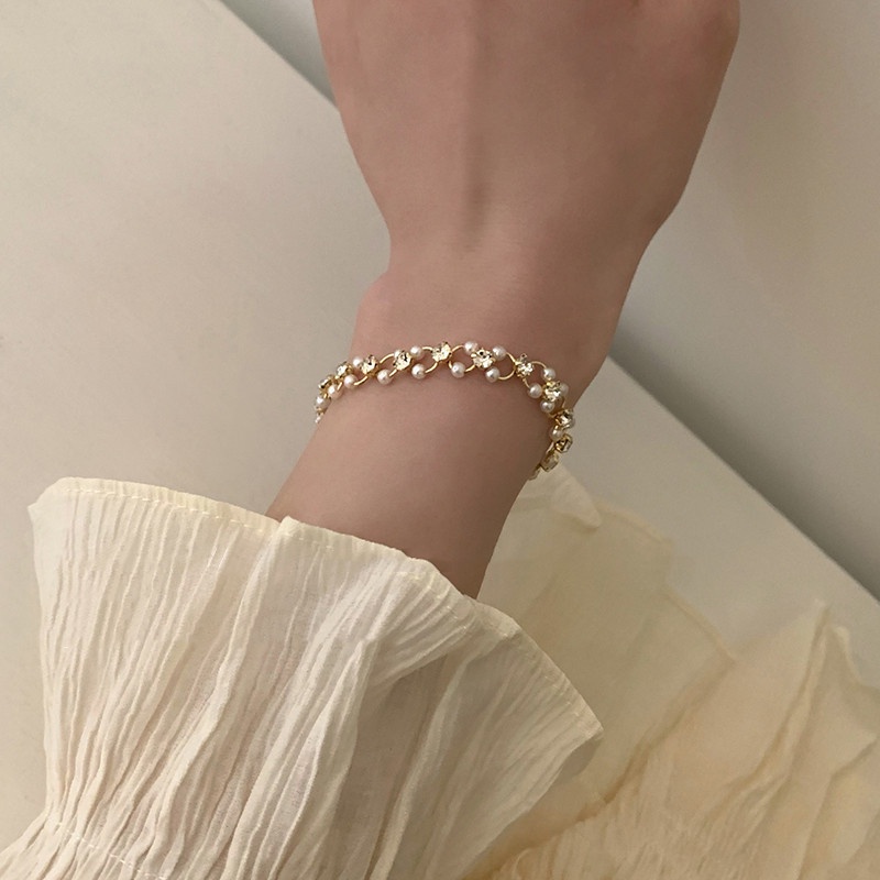 YEEZII Gelang Emas Simple Mutiara Zircon Beads Bangles Untuk Aksesoris Perhiasan Wanita