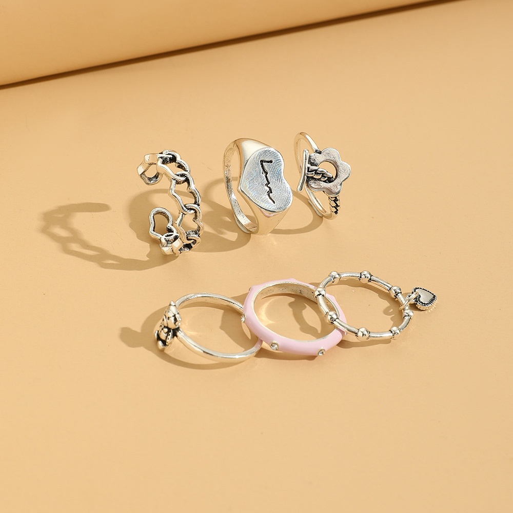 Gadis Lucu Kreatif Bunga Kecil Rantai Huruf Cinta Tetesan Minyak Berlian Cincin Set6
