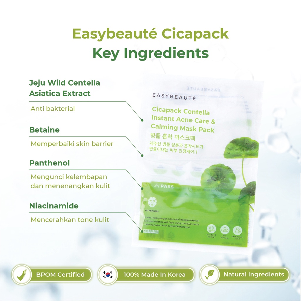 Easybeaute Cicapack Jeju Wild Centella Sheet Mask  - Penghilang Beruntus, Pencegah Jerawat Kemerahan