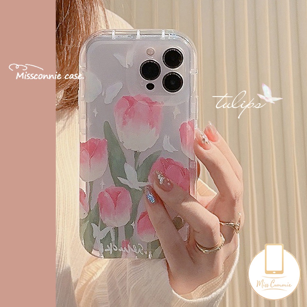 Ins Fashion Spring Fresh Flower Kompatibel Untuk iPhone 7Plus 11 14 12 13 Pro Max XR X 6s 7 8 6 Plus XS Max SE 2020 Fantasy Butterfly Tulips Transparan Airbag Shockproof Soft Cover