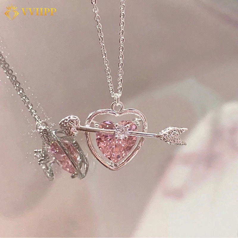 Sweet Cupid Pink Kalung Berlian Hati Silver Liontin Rantai Choker Untuk Aksesoris Perhiasan Wanita