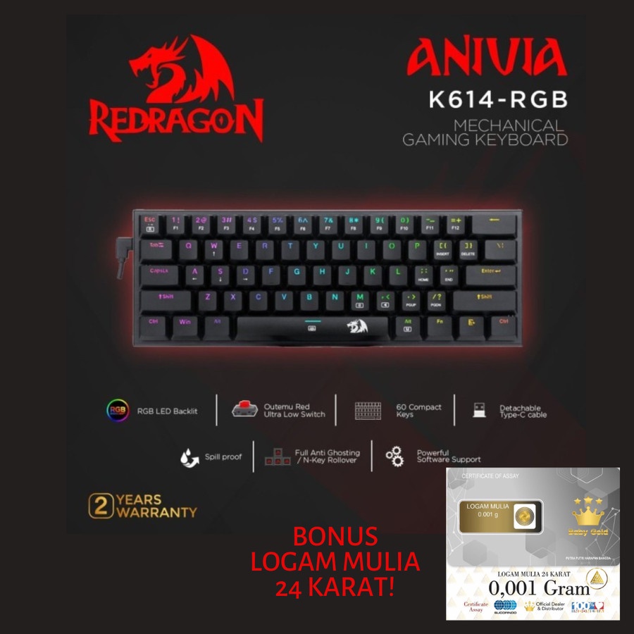 Keyboard Redragon Mechanical Gaming 60persen RGB Ultra Low ANIVIA -K614-RGB