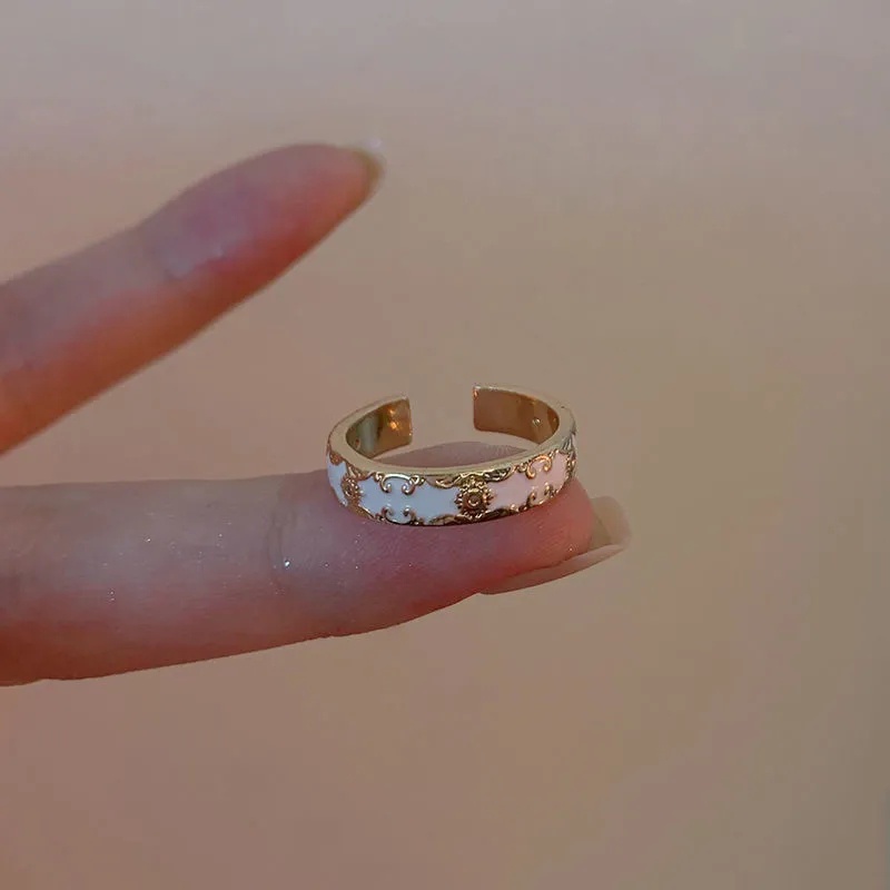 Enamel Halus Berwarna Terbuka Dapat Disesuaikan Cincin Retro Unik Perhiasan Untuk Wanita Perempuan Tetes Minyak Silang Cincin Pasangan Cincin Ins Gaya Bunga Cincin Fashion Elegan