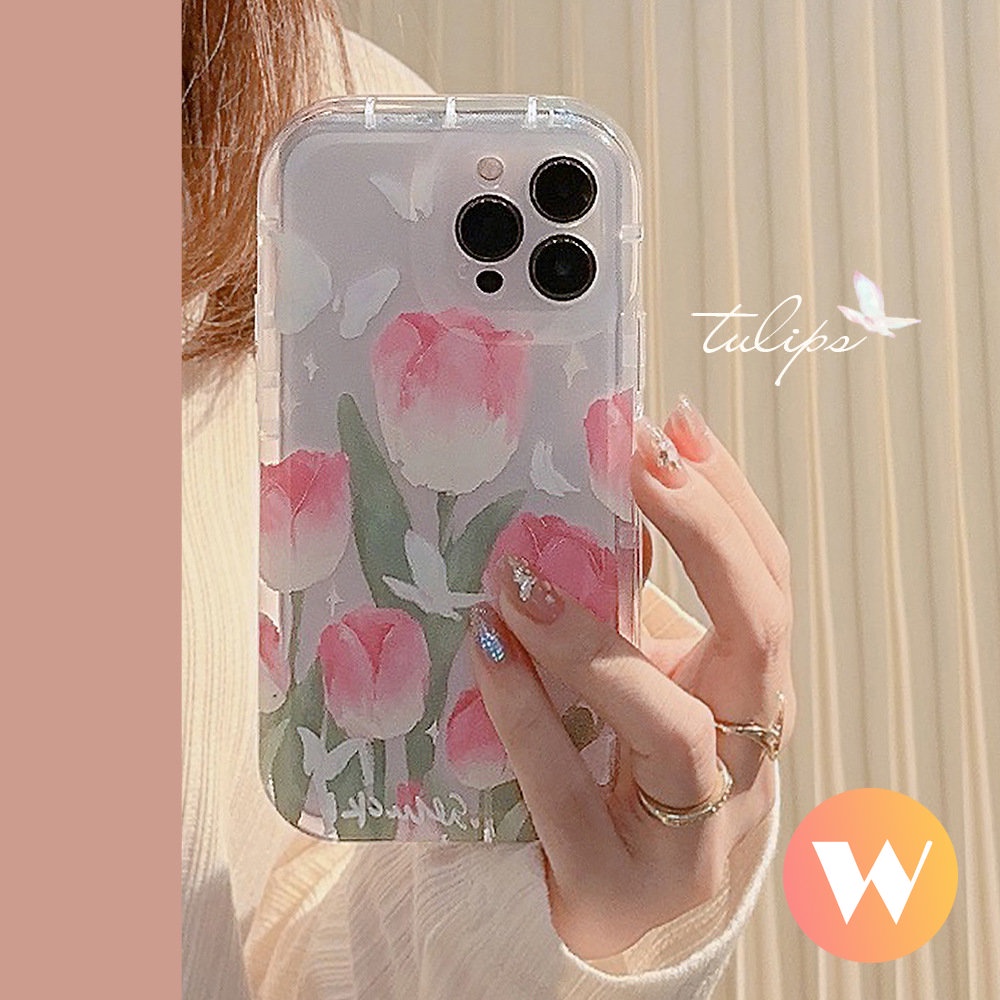 IPHONE Segar Musim Semi Bunga Tulip Bening Case Kompatibel Untuk Iphone13 11 14 12 Pro Max X7 8 6 6s Plus XR XS Max SE 2020 Fashion Kupu-Kupu Lembut TPU Airbag Shockproof Back Cover