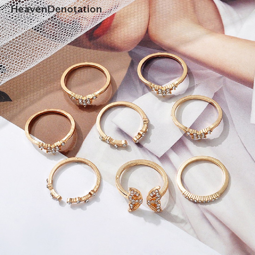 [HeavenDenotation] 8pcs/set Bohemian Kupu-Kupu Cincin Set Untuk Wanita Fashion Temperamen Berlian Bertatahkan Bunga Buku Jari Cincin Perempuan Pesona Perhiasan Hadiah HDV