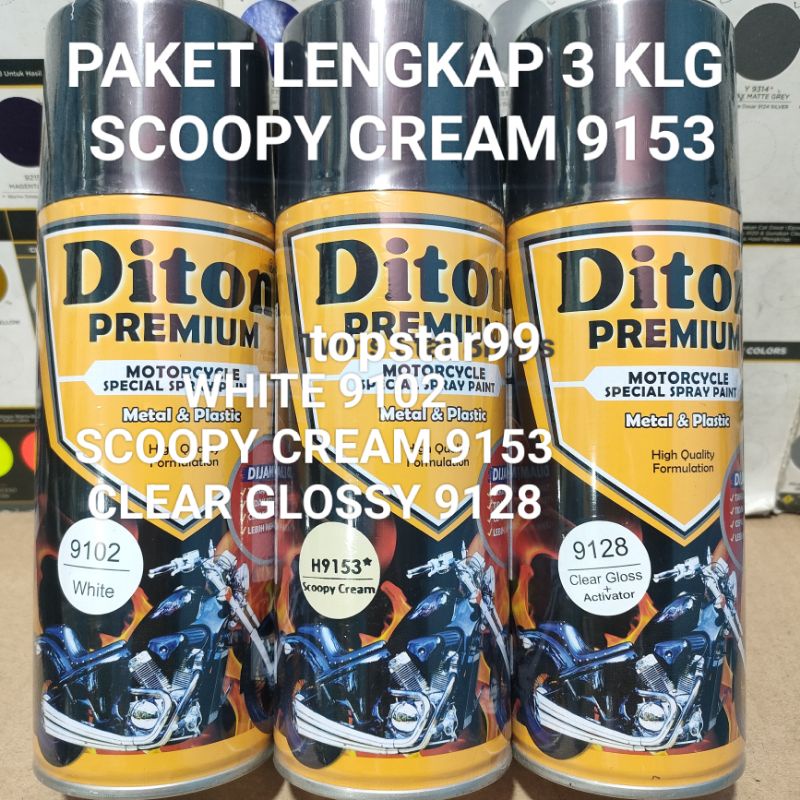 Diton Premium Paket Lengkap 3 Kaleng 400cc Kream Scoopy Cream 9153 White 9102 Clear Glossy 9128 Pilox Pilok Cat Semprot Spray Paint