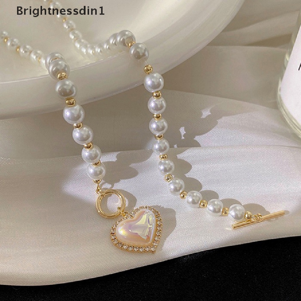 [Brightnessdin1] Mutiara Manik-Manik Kalung Sederhana Manis OT Gesper Rantai Klavikula Jantung Tergantung Kalung Untuk Wanita Wanita Trendi Mutiara Rantai Chokers Necklaces Fashion Perhiasan Butik