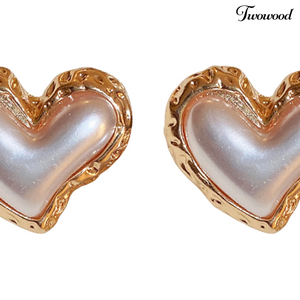 Twowood Women Ear Studs Gradient Heart-Berbentuk Cahaya Mewah Perak Wanita Kepribadian Fashion Faux Pearl Stud Earrings Pakaian Sehari-Hari