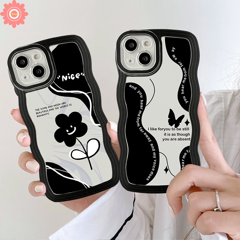 Case POCO X3 NFC Pro M3 Redmi 10 9 10C 9T 9A A1 A1+10A 9C NFC Redmi Note 11 10 10s 8 9 11Pro 9s 10Pro Max Mi 11T Pro Vintage Flower Black Retro Kupu Wavy Edge Soft Cover