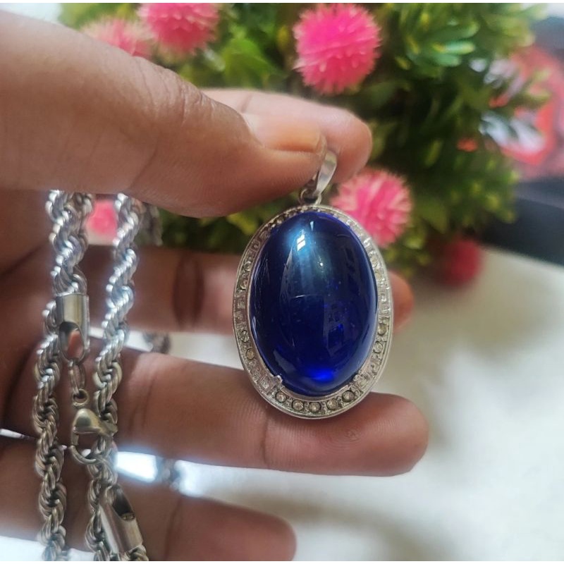 kalung liontin batu blue safir jumbo