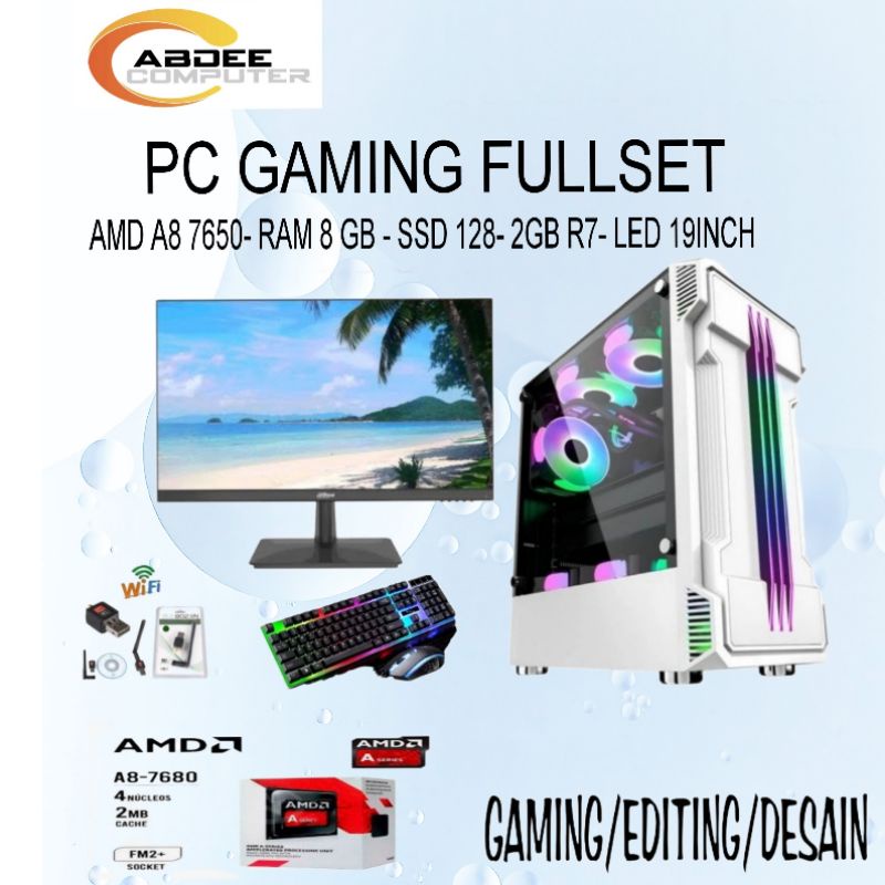 PC GAMING AMD A8 7600 MEMORI 8 GB SSD 128 GB HDD 500 GB WITH 2 GB R7 SERIES FREE USB WIFI