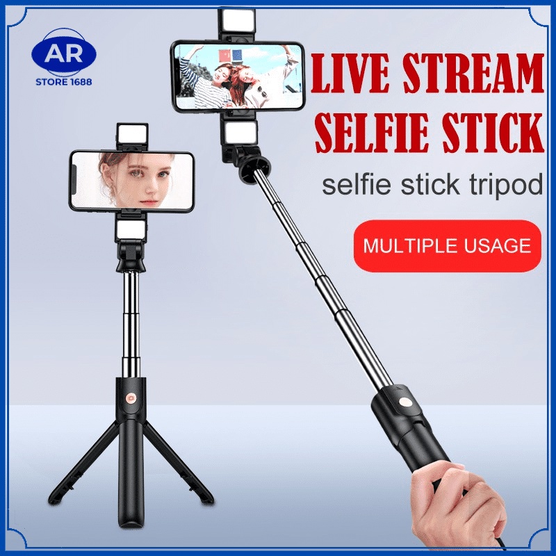 AR Selfie stick R1S tongsis 4in1 plus Remote Control Bluetooth Tripod Plus Lampu Flash