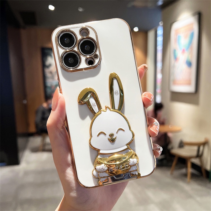 Cute RabbitFro Soft Case iPhone 12 Pro Max 11 Pro Max Xs Max Rabbit Pegang Ingot Dengan Phone Holder Electroplating Phone Case