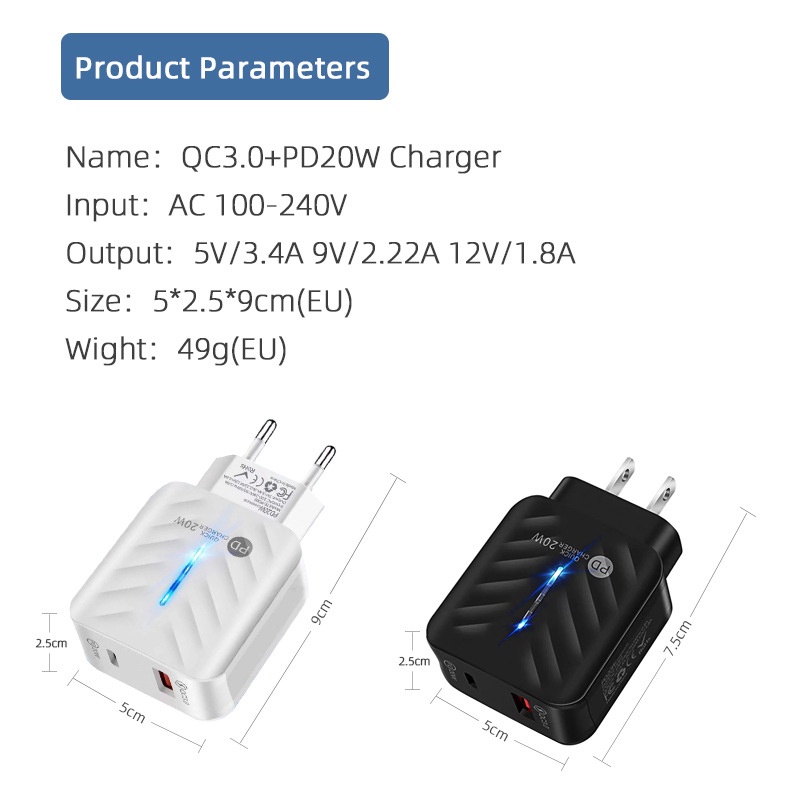 Led Streamer PD20W+QC3.0 Charger Fast Charging Charger Dinding Adaptor Daya Dengan Lampu Untuk i-phone Android Tipe C