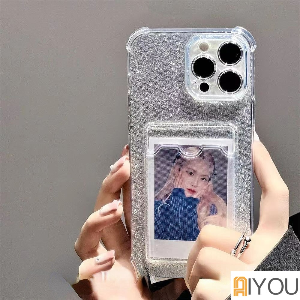 IPHONE Soft Case Bening Glitter Untuk Iphone14 13 12 Pro Max11 MiNi X XR XS 7 8 Plus SE 2 Dompet Silikon Slot Kartu Holder Shockproof Cover