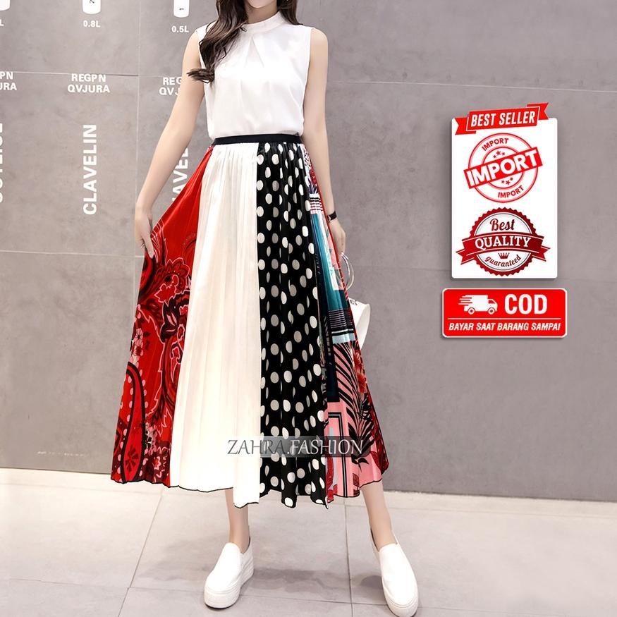 ♛ Rok Plisket Motif Polkadot Satin Premium Import murah 7/8 style korea terbaru | 321-3 | Rok Priske