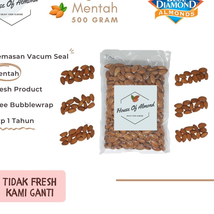 

♝ Natural Raw Almond (Mentah) Blue Diamond 500gr ➽