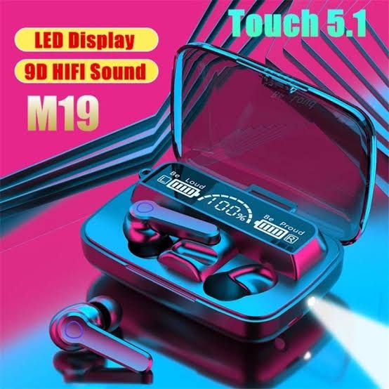 HEADPHONE BLUETOOTH 5.1 EARBUD M19 TWS NIRKABEL LED DIGITAL POWER DISPLAY BASS STEREO