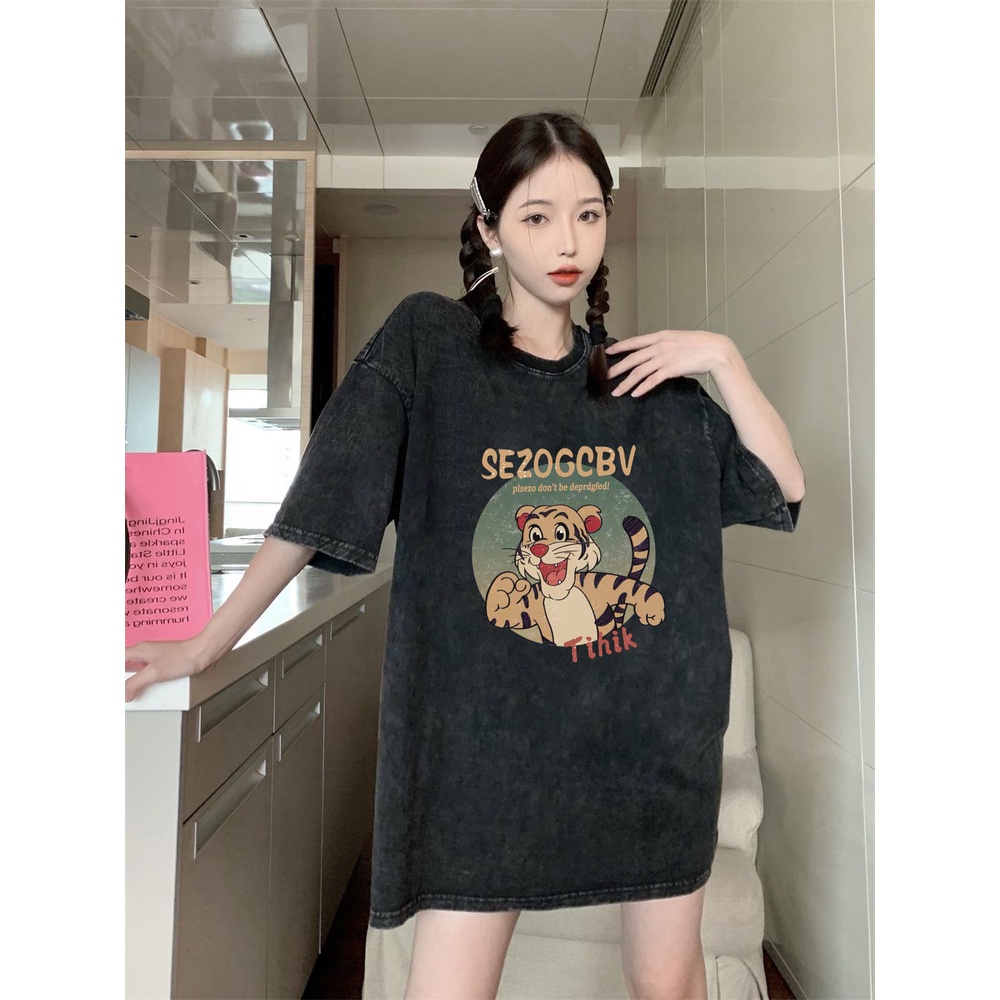 XIAOZHAINV Korean Style Tiger Anime Pattern Washed Printing Kaos Wanita