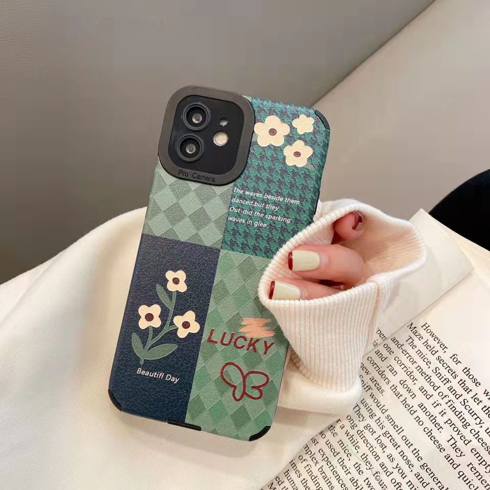 【Lamb Skin】Leather Soft Case IP IPhone 7 8 14 Plus 7+ 8+ X XR SE 2020 XS Max 11 12 13 14 Pro Max Phone Case Pretty Green lattice Lucky Flower