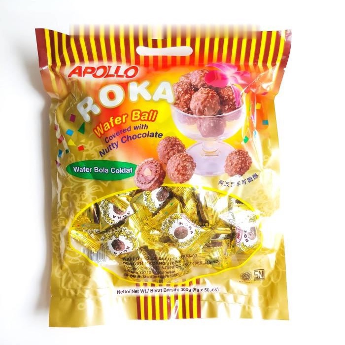 

Apollo Roka Wafer Ball KEMASAN 300 gram isi 50 pcs wafer cokelat kacang