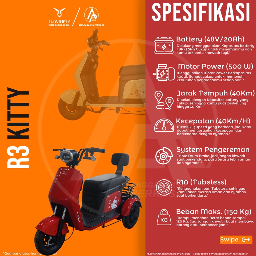 SEPEDA LISTRIK RODA 3 UWINFLY NEW KITTY / R3 NEW KITTY GARANSI RESMI