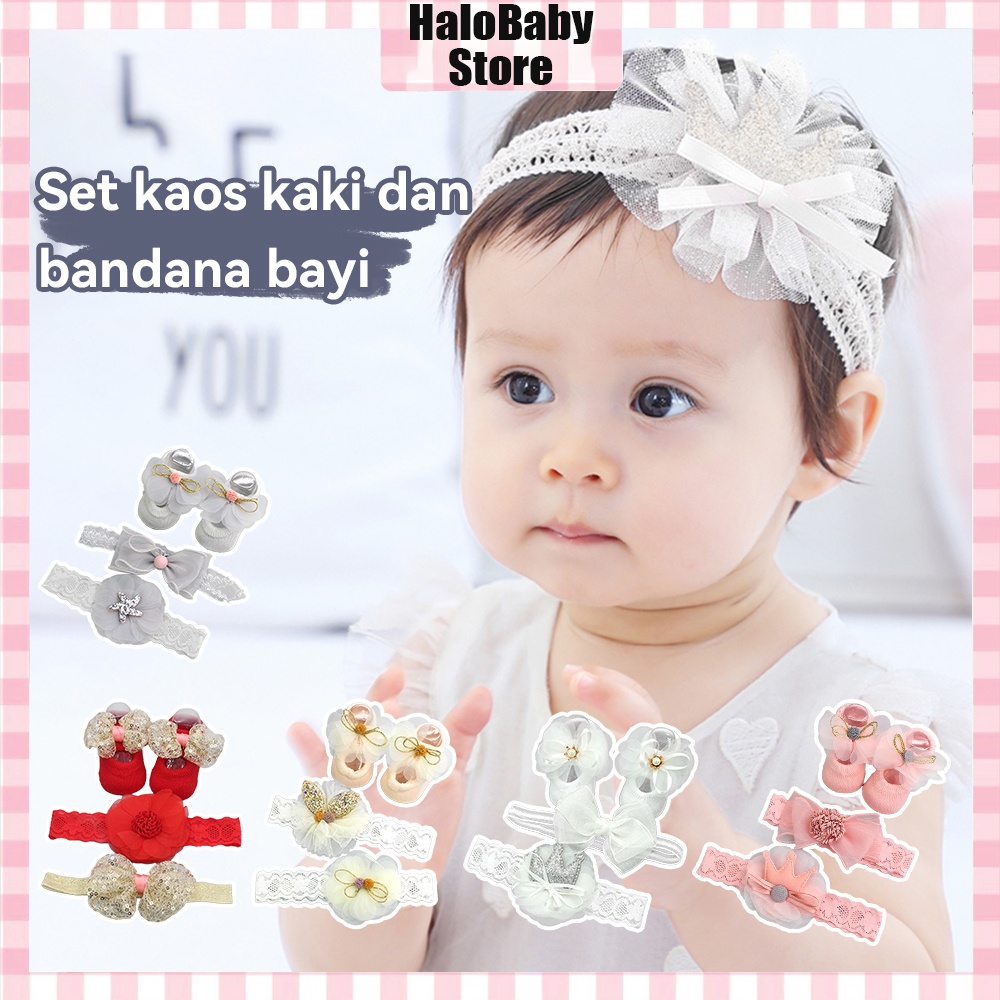 Halobaby set kaos kaki dan bandana bayi 3in1/Set Kado Bayi Perempuan newborn