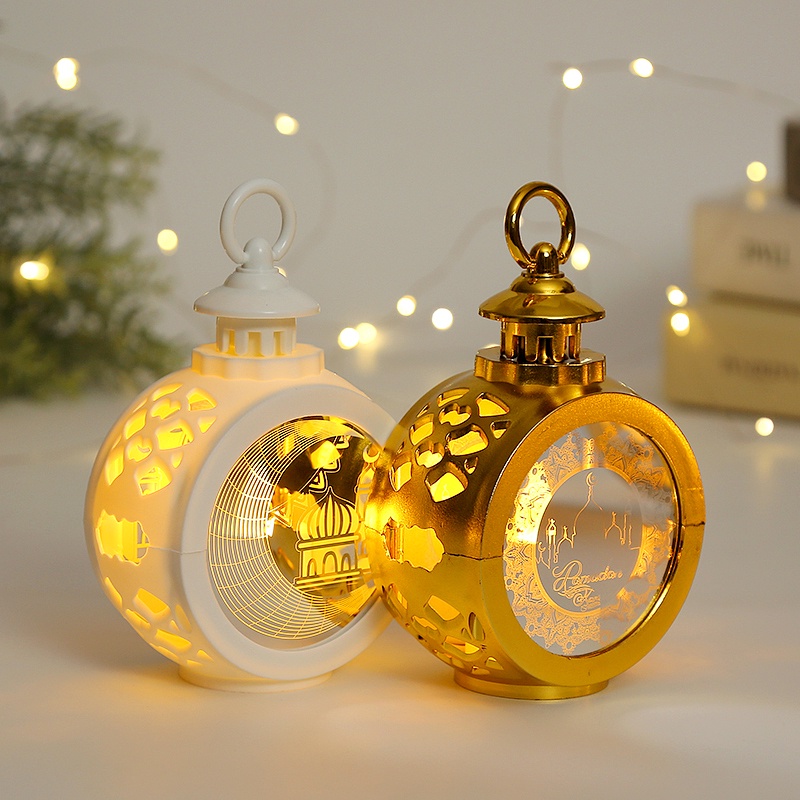 Exquisite Eid Battery Powered Openwork Plastic Lantern / Ramadan LED Glowing Decorative Night Light / Home Muslim Festive Hanging Lamp