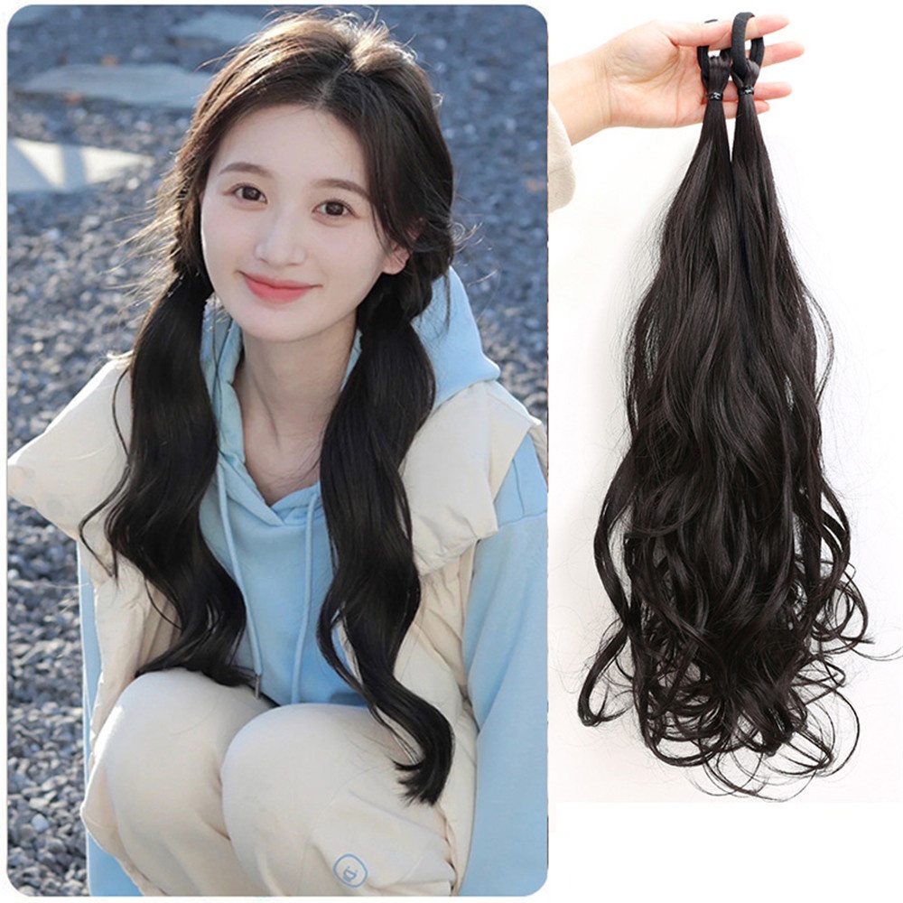 2pcs Korea Y2K Alami Ekor Kuda Keriting Panjang Wig Untuk Wanita Gadis Ekstensi Rambut Wig Aksesoris 45cm