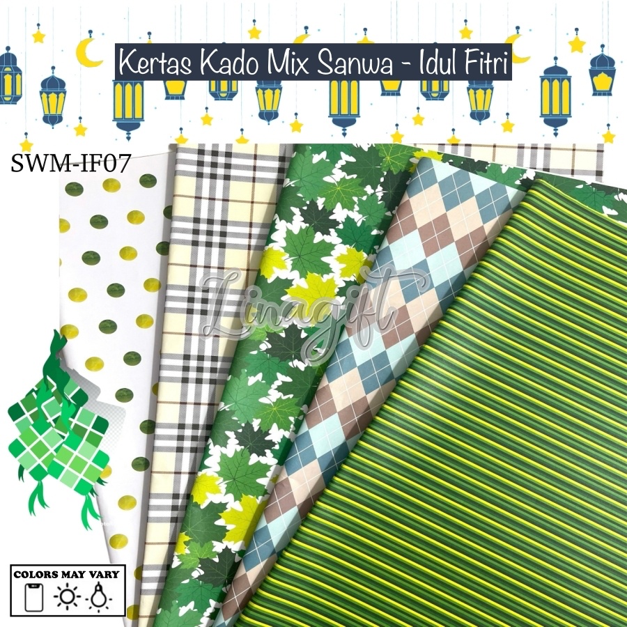 ( 5 Lembar 5 Motif ) IDUL FITRI SANWA MIX - KERTAS KADO IDUL FITRI LEBARAN SANSAN WAWA - GIFT WRAPPING MOTIF IDUL FITRI ISLAMI GREEN