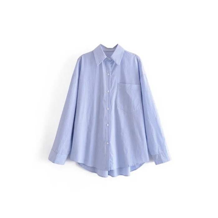 Baju Atasan Wanita Kemeja Lengan Panjang Oversize Biru Muda Garis