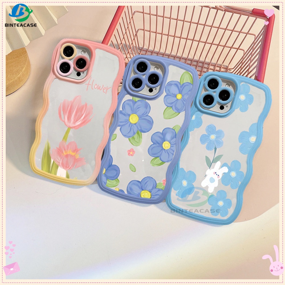 Oppo A57 A16K A15 A31 A3S A12E A53 A54 A5S A7 F9 A12 Lukisan Cat Minyak Tulip Kelinci Bunga Tepi Melengkung TPU Phone Case Binteacase