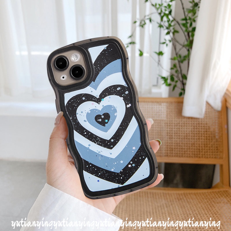 Gradient Love Heart Bling Stars Case Kompatibel Untuk iPhone 7Plus 11 12 13 14 Pro Max 8 6 14 7 6s Plus XR X XS Max SE 2020 Wavy Edge Soft Tpu Back Cover