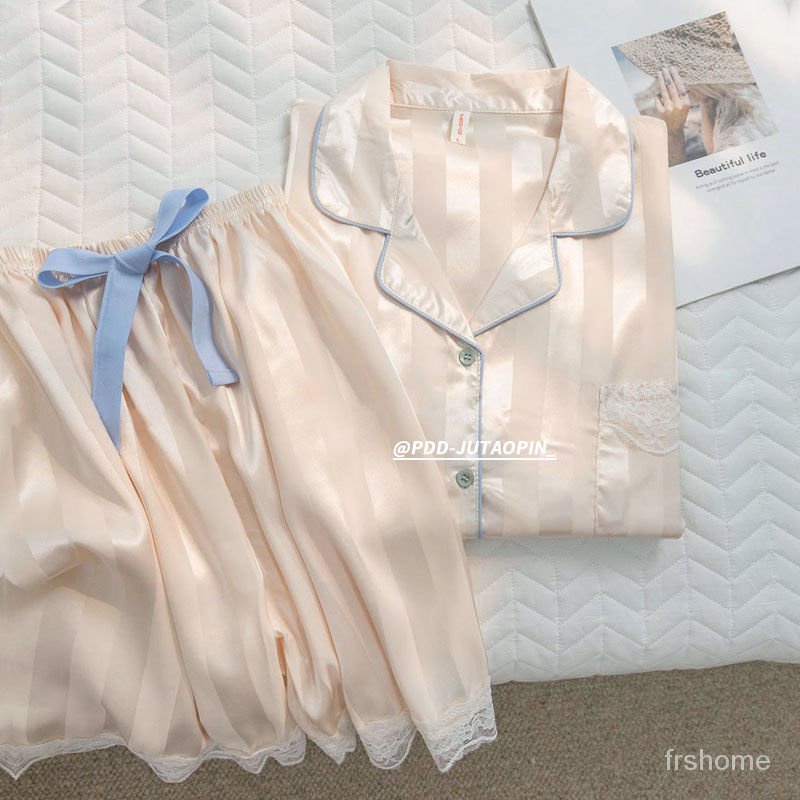 [Jakarta ready]baju tidur wanita satin premium/Piyama sutra es wanita musim panas bagian tipis sederhana ins angin nilai tinggi bergaris lengan pen