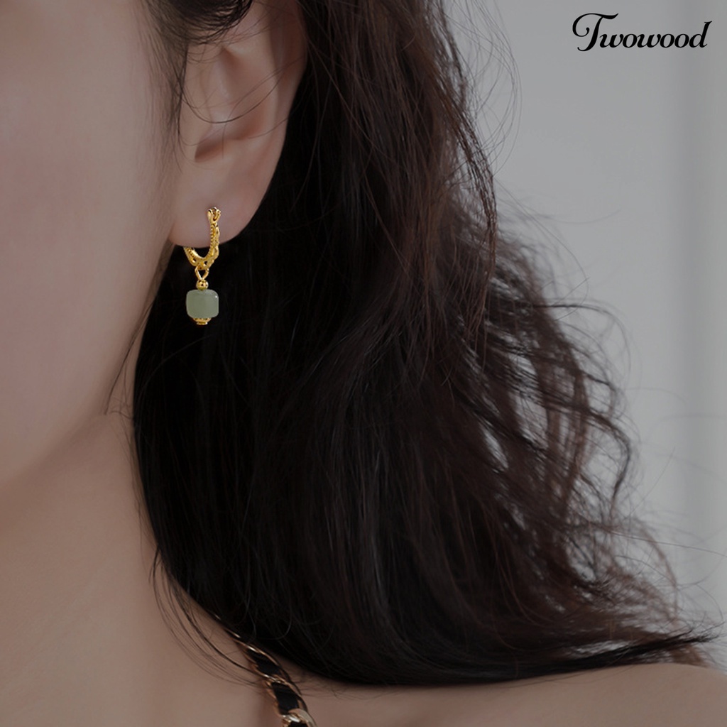 Twowood 1Pc Menjuntai Anting Gaya Cina Warna Emas Elegan Peri Hadiah Hypoallergenic Retro Faux Hetian Jade Drop Earring Perhiasan Aksesoris