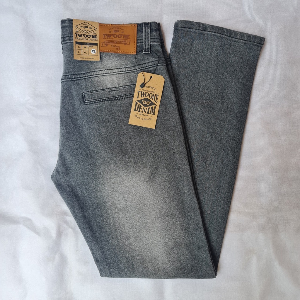 TWO ONE Celana Jeans Panjang Pria - Celana Jeans Pria Slim Fit Saku Bobok - Jeans Pria Denim Stretch Abu-abu